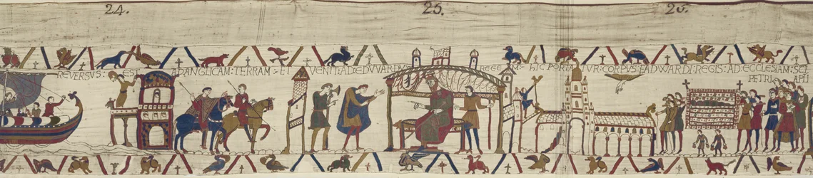Graf Harold kehrt nach England zurück und besucht König Edward den Bekenner, dessen Leichnam zur Kirche St. Peter getragen wird, Teppich von Bayeux